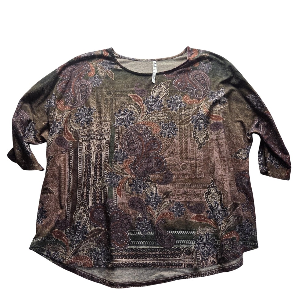 Leo & Nicole Blouse Womens Plus 3X Brown Scoop Neck 3/4 Sleeve Paisley Tunic Top